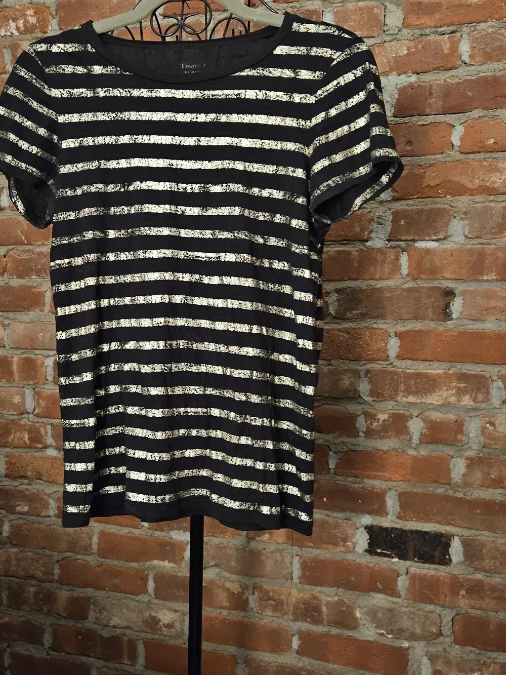 J. Crew Cotton Black Tee with Metallic Gold Stripes